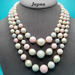 Vintage Japan Pastel Glass Beaded Necklace, Light Pink Blue White, 1950s, 17 In